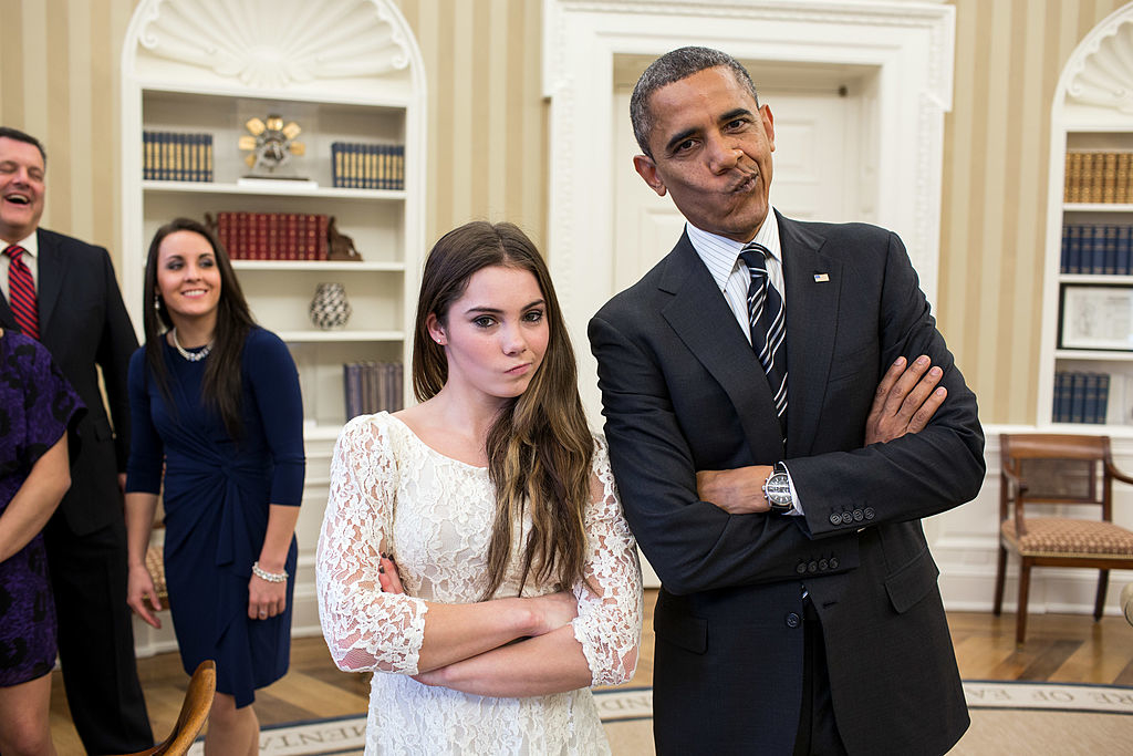 Mckayla Maroney and Barack Obama pose with &quot;not impressed&quot; expressions in the White House