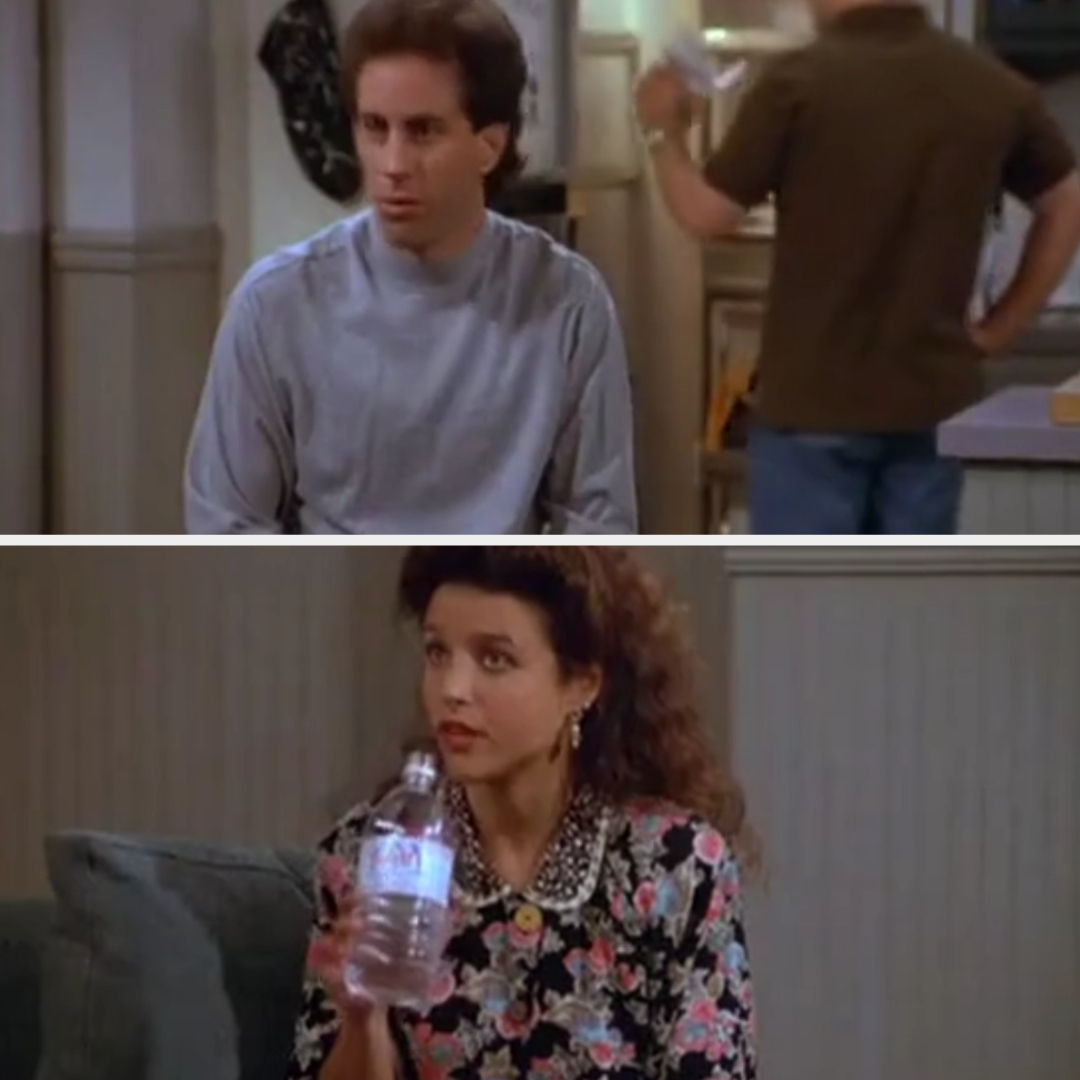 Two scenes from a TV show featuring a man in a grey shirt and a woman holding a water bottle