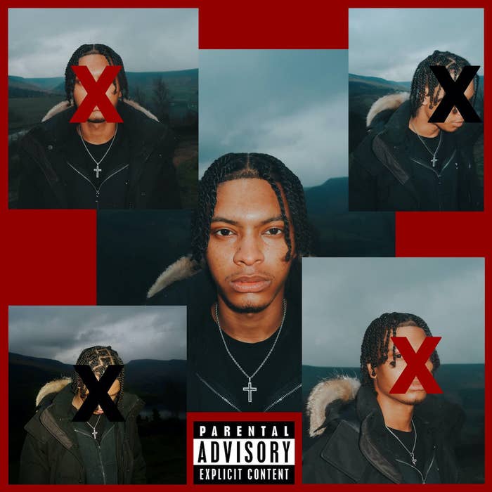 Four photos of a person with red crosses over their face and a parental advisory label