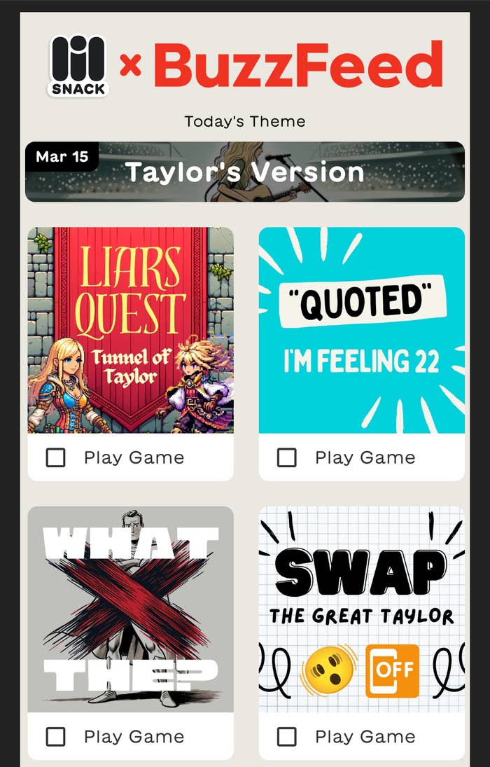 BuzzFeed app interface featuring Taylor's Version event with game options and themed graphics