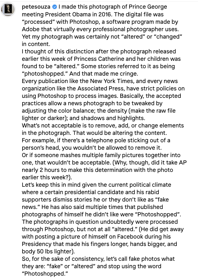 Text from a social media post by Pete Souza discussing a digitally altered photograph of Prince George meeting President Obama, explaining the alterations and defending the original photo&#x27;s authenticity