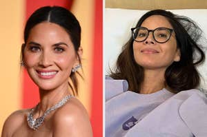 Two side-by-side photos: Left shows Olivia Munn in elegant attire with jewelry, right is Olivia Munn in glasses in a hospital gown