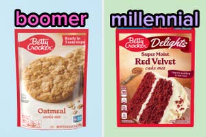 On the left, an oatmeal cookie mix package labeled boomer, and on the right, a red velvet cake mix box labeled millennial