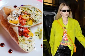 Left: Open wrap with mix of veggies. Right: Woman in bright blazer and sunglasses exiting car
