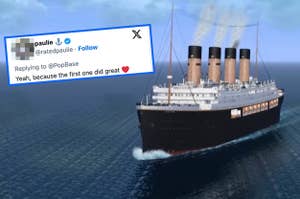 Tweet overlaying an ocean scene with a ship, sarcastically remarking about a prior similar ship's success