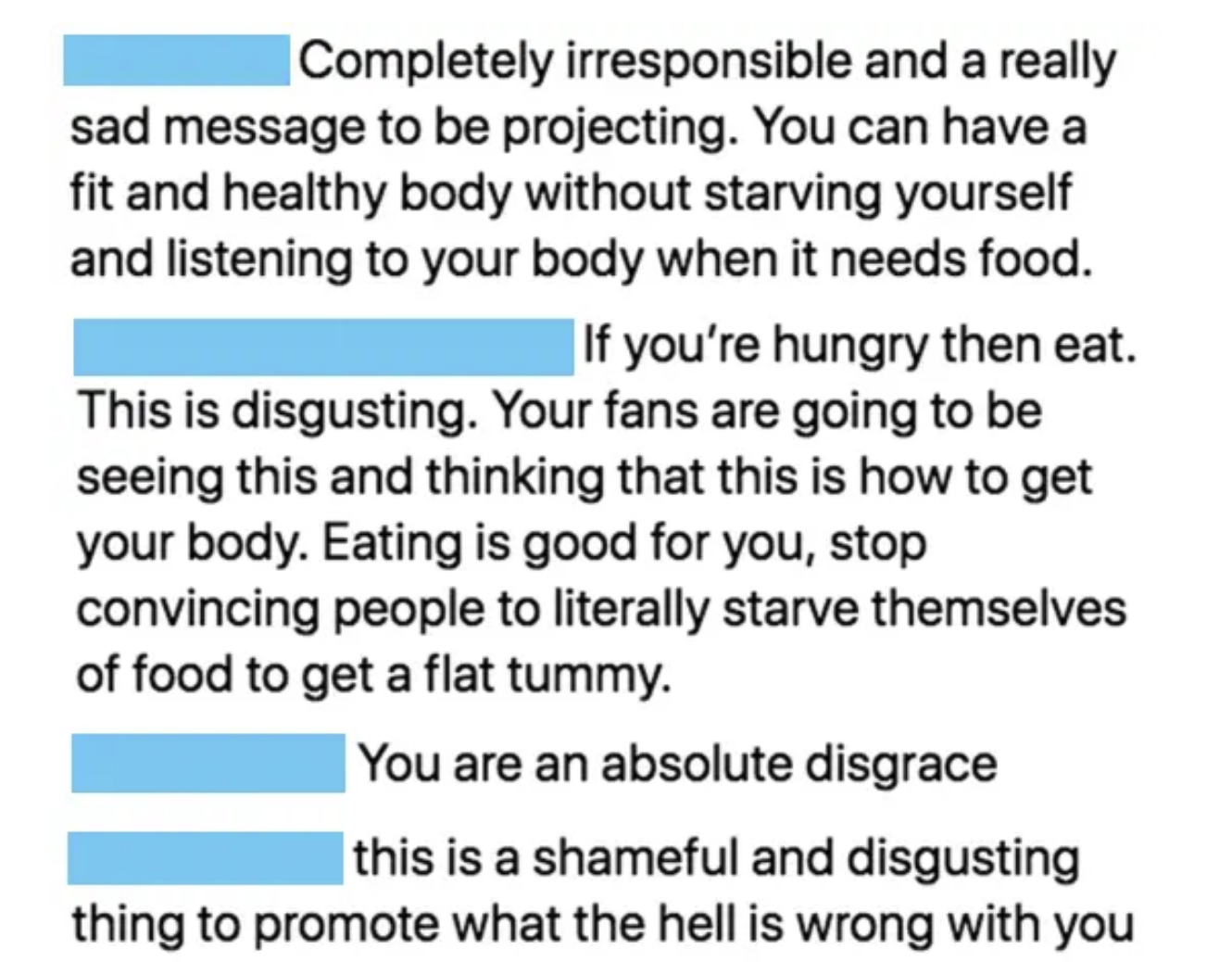 comments left on the photo criticizing someone for promoting a negative body image by starving themselves with a diet lollipop