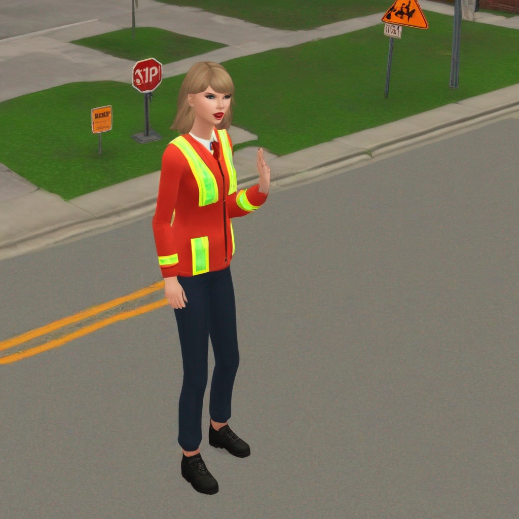 Avatar in a simulation game wearing safety vest and jeans, standing on a street with traffic signs around