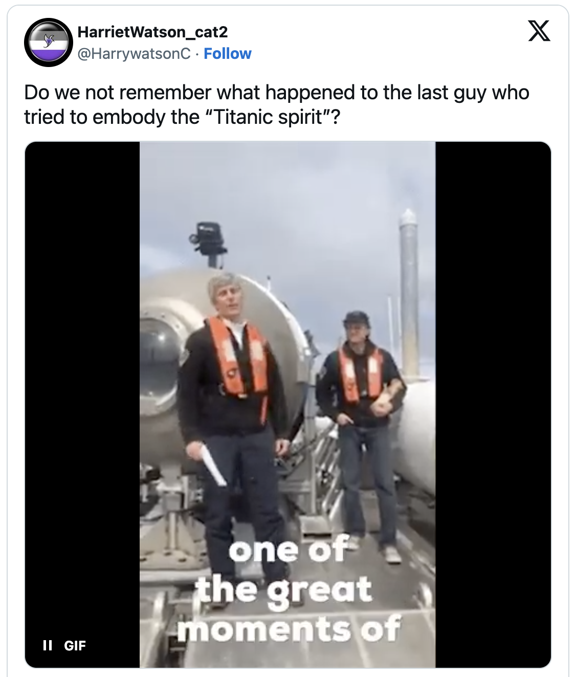 Two men in orange vests stand on submarine; tweet compares them to &quot;Titanic spirit.&quot;