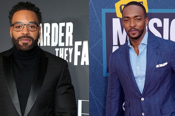 Two male celebrities at events, one in a black turtleneck and glasses, the other in a blue plaid suit and tie