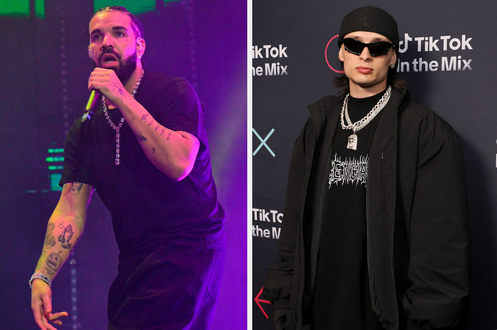 Two images: Left, Post Malone performing on stage. Right, Dominic Fike in a layered outfit at an event