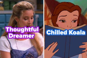 Split image of Phoebe from Friends in casual attire and Belle from Beauty and the Beast reading a book, with captions "Thoughtful Dreamer" and "Chilled Koala."