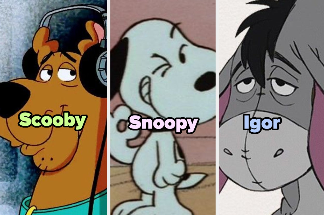 Scooby con audífonos, Snoopy sentado y Igor con expresión preocupada; personajes animados
