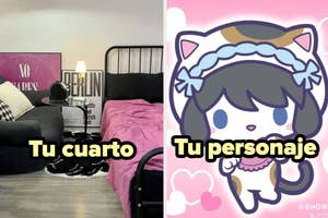 Imagen dividida: a la izquierda, un dormitorio ordenado, y a la derecha, ilustración de un gato antropomórfico