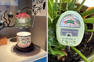a pink and green flower-shaped candle warmer lamp; a Raintrip Soil Tester with moisture, pH, and light meter in plant soil on right