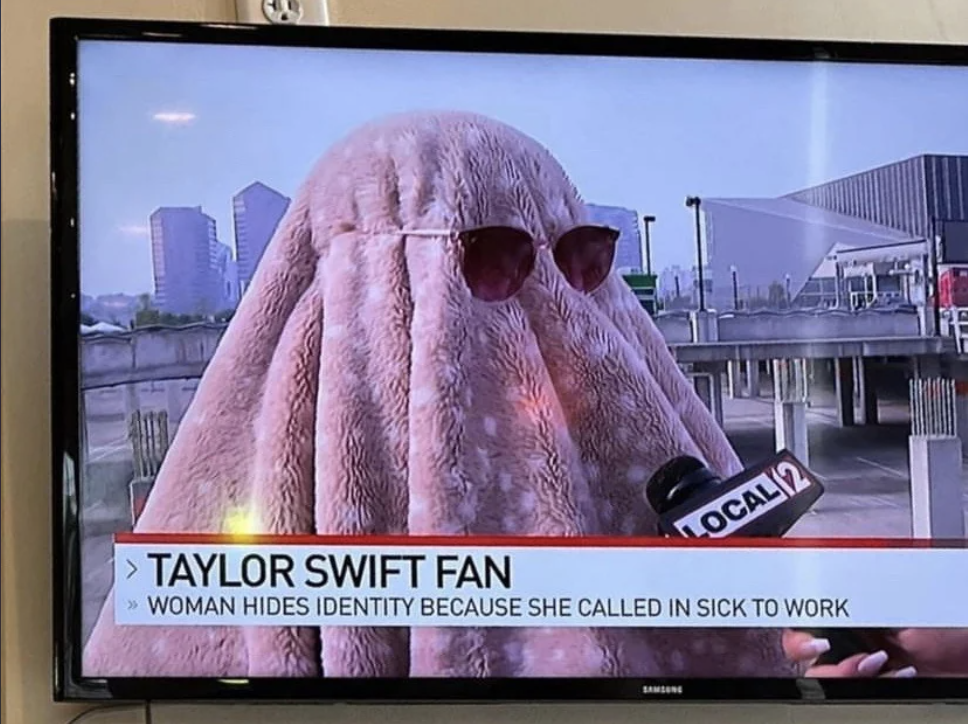 Person in oversized fuzzy costume with sunglasses being interviewed, caption mentions &quot;TAYLOR SWIFT FAN&quot; hiding identity