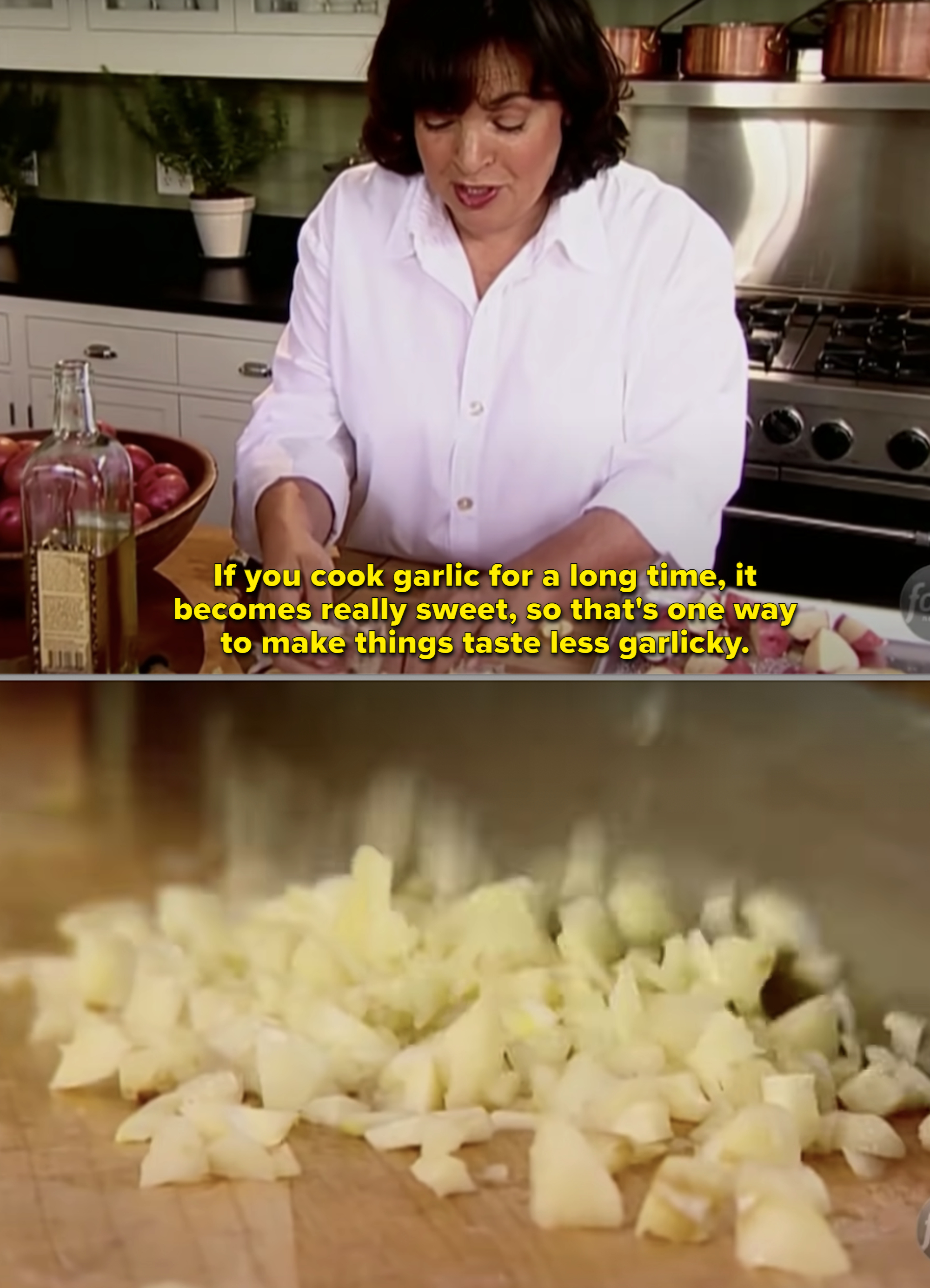 Ina Garten chopping garlic with caption that if you cook garlic for a long time, it becomes sweet