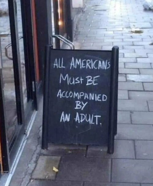 Sign outside a venue humorously states &quot;ALL AMERICANS Must BE ACCOMPANIED BY AN ADULT.&quot;