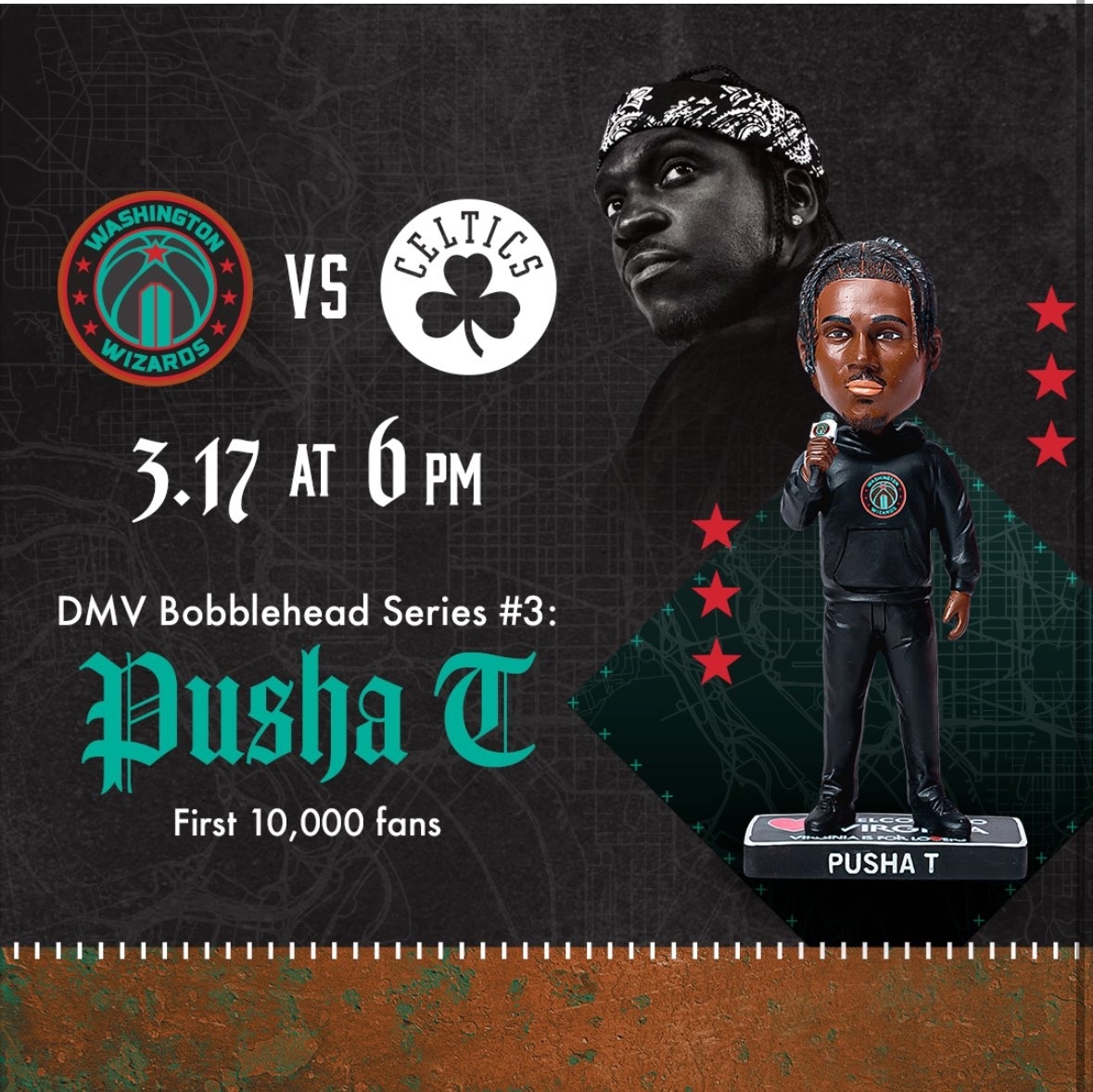 Promotional graphic for Washington Wizards vs. Celtics game with bobblehead giveaway of Pusha T for fans