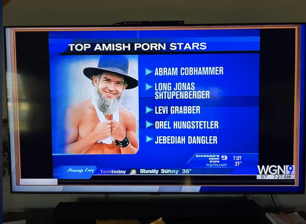 TV screen showing a satirical list titled &quot;Top Amish Porn Stars&quot; with a fake name and photo of a man in Amish-style attire
