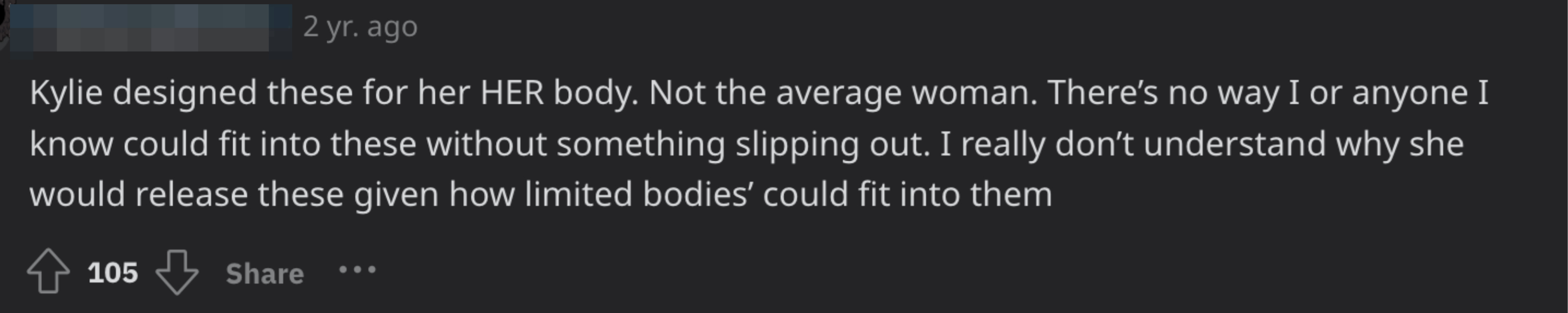 Screenshot of a comment criticizing Kylie Jenner&#x27;s clothing design for not fitting average body types