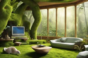 Modern living room integrated into a lush forest with large windows, a TV, a sofa, and two guinea pigs on the floor