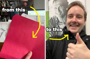 Split image: Left shows a hand holding a red paper; right shows a person smiling and giving a thumbs up next to a portrait