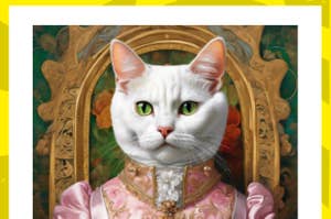 Illustration of a regal cat in a fancy historical dress, framed like a classic portrait