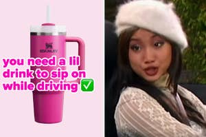 Left: A pink travel mug with a straw and handle. Text: "you need a lil drink to sip on while driving ✔️". Right: Still of Brenda Song in a white hat