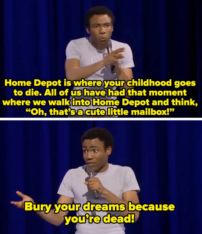 Donald Glover on stage saying that Home Depot is where your dreams go to die