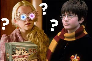 Luna Lovegood with Spectrespecs and Harry Potter, both with question marks over their heads