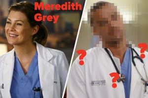 Meredith Grey on the left, blurred person on the right with question marks, hinting at a mystery character