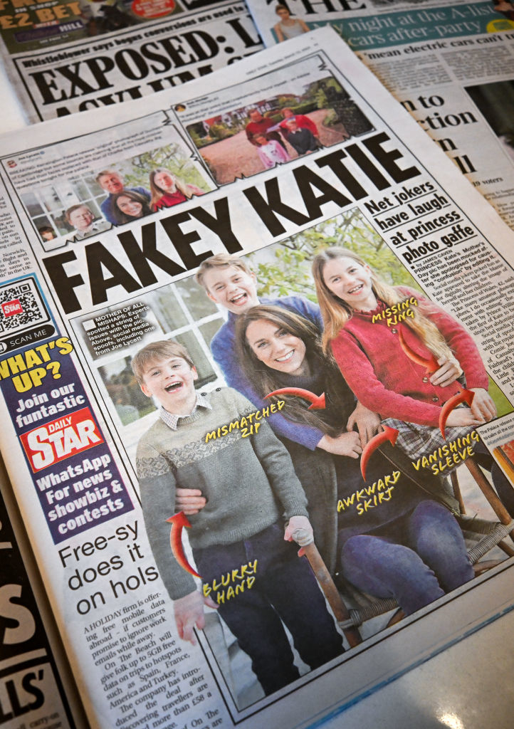 Newspaper article titled &#x27;FAKEY KATIE&#x27; with annotated critique of a family photo