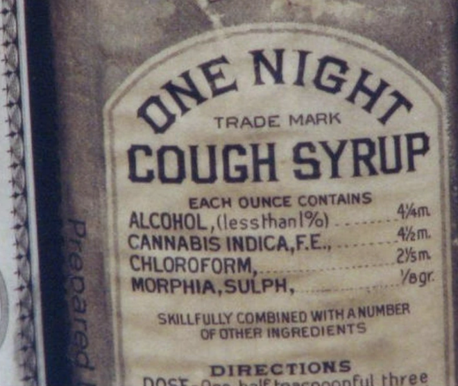 Vintage cough syrup label listing ingredients including alcohol, cannabis, chloroform, and morphine