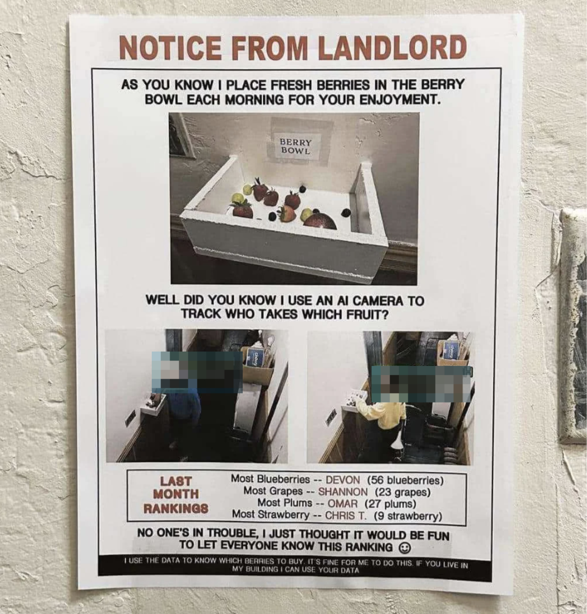 Notice from landlord with a humorous berry bowl tracking system, comparing tenants&#x27; fruit consumption