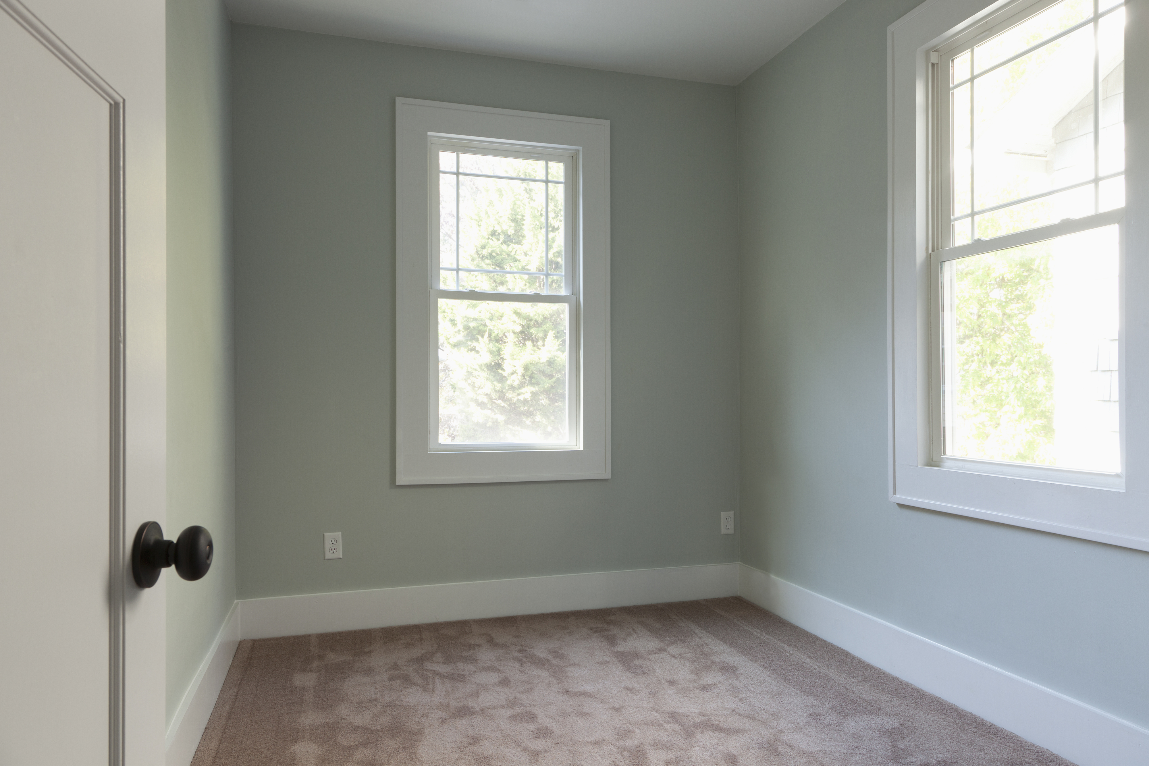 Small, empty room with a closed door on the left, two windows, and carpeted floor
