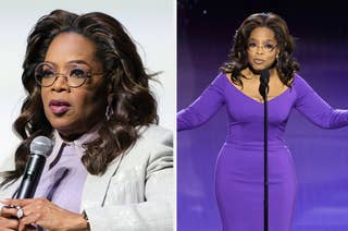 Oprah Winfrey in two different outfits, one with a microphone and one on stage speaking