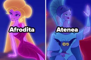 Personajes animados Afrodita y Atenea de la película "Hércules" con sus nombres sobreimpresos