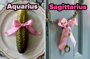On the left, a pickle tied with a bow labeled Aquarius, and on the right, a chain lock on a door with a bow tied on it labeled Sagittarius