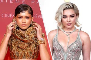 Zendaya in a gold dress and Florence Pugh in a silver dress.