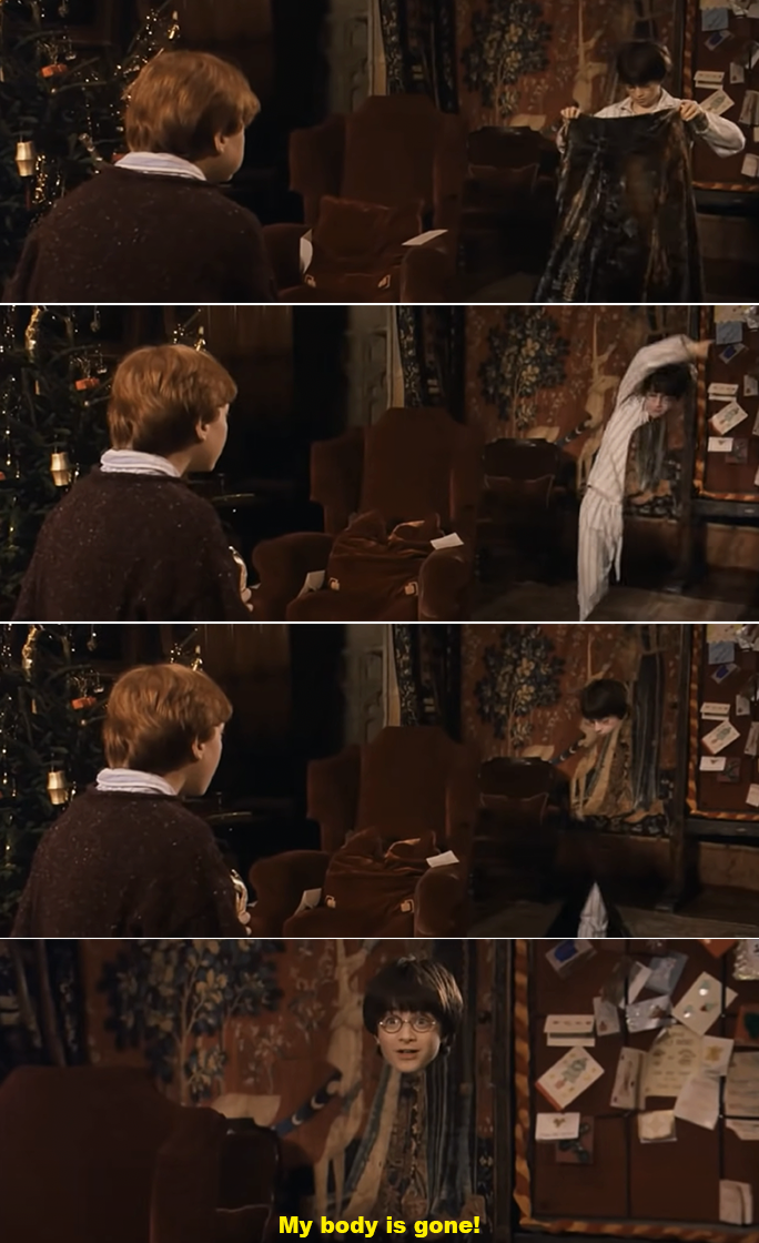 Three frames from a film showing a character, Ron, reacting to another, Harry, who is partially invisible, with a caption &quot;My body is gone!&quot;