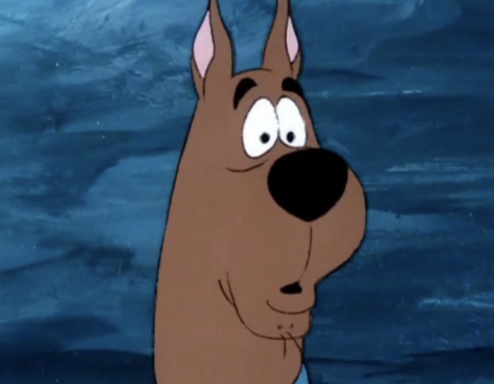 Animated character Scooby-Doo with a puzzled expression