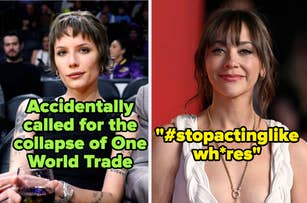 halsey captioned "accidentally called for the collapse of one world trade" and rashida jones captioned "#stopactinglikewh*res"
