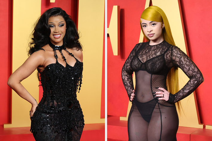 Two individuals at an event, one in a beaded black dress with a plunging neckline, the other in a sheer black bodysuit