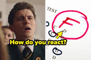 Image on left: Worried James (from Derry Girls) looking up. Image on right: Test paper with circled incorrect answer. Text: How do you react?