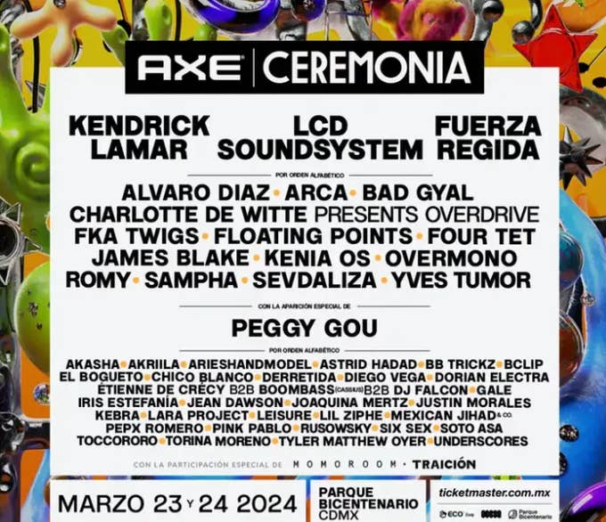 Afiche de festival de música con logos coloridos y texto que anuncia artistas y fechas, 23 y 24 de marzo de 2024