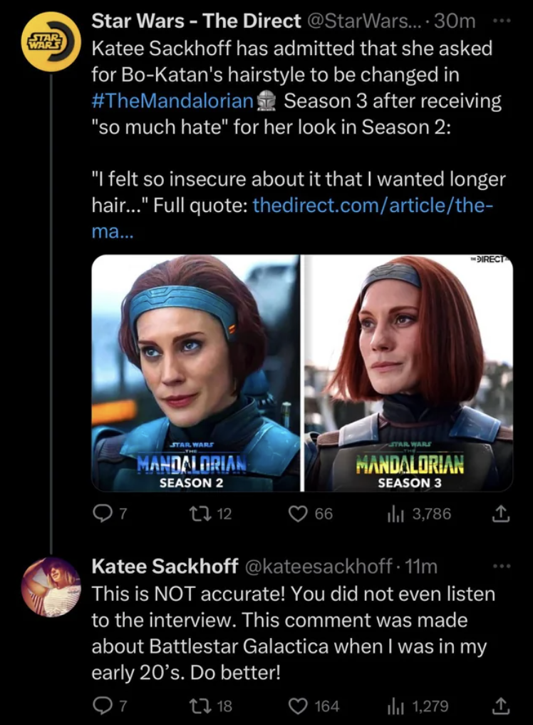 Screenshot of tweets with Katee Sackhoff discussing her character Bo-Katan from &quot;Star Wars,&quot; including her insecurity about the portrayal