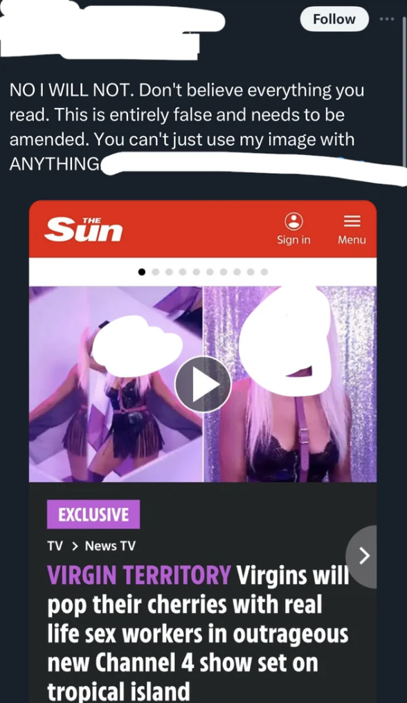 Screenshot of a news article featuring a video with a person in a sparkling outfit, discussing Channel 4 content on internet virgins