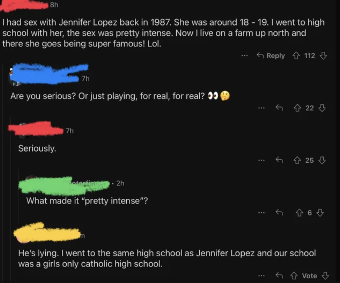 Comment thread with users discussing a past encounter with Jennifer Lopez