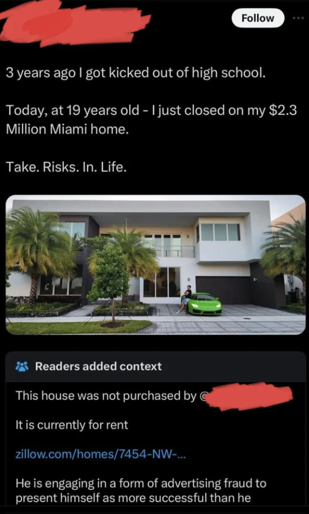 Text over image: Person shares past school expulsion and current house purchase, with a call to take risks. Reader warns of potential fraud