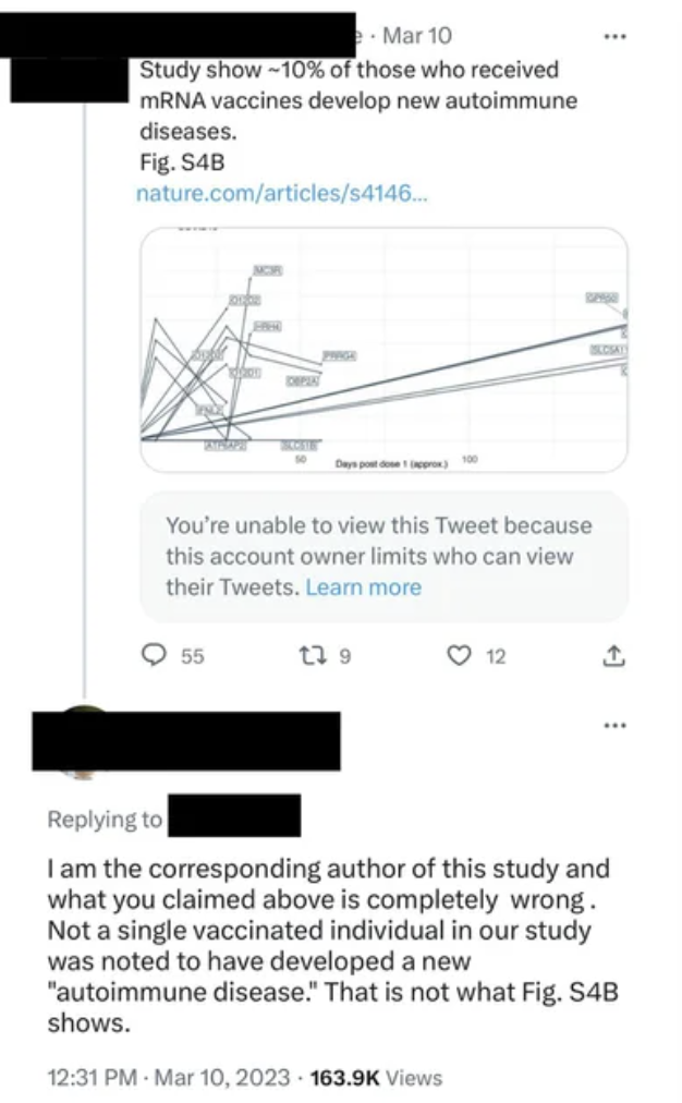A screenshot of a Twitter discussion on an mRNA vaccine study with a link to a scientific article and replies debating its findings